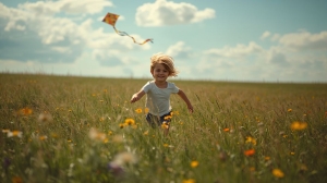 Child running through flower field