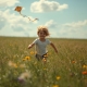 Child running through flower field