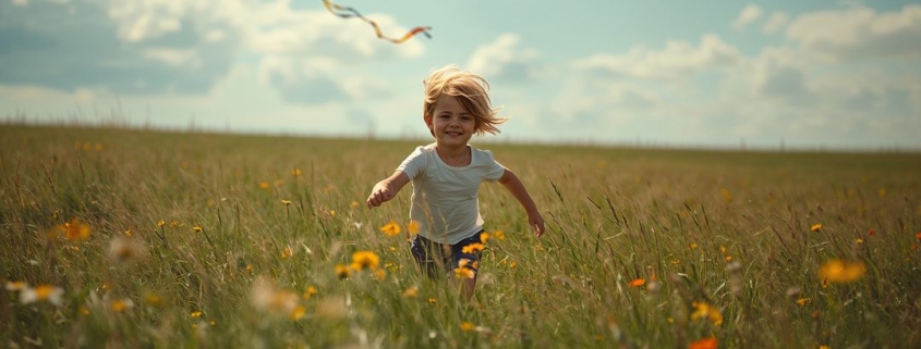 Child running through flower field